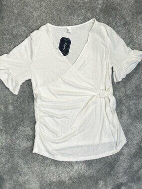 Soly Hux White Wrap Top Women’s Size Small Tie Front V-Neck Ruffle Sleeve NWT